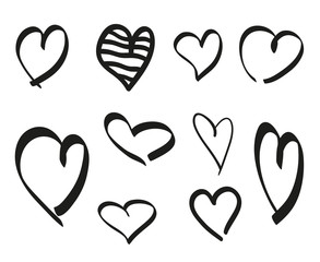 Black heart on isolated white background. Set of hearts for design. Black and white illustration