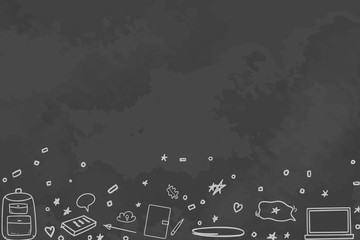 Back to school. Abstract blackboard. Background with hand drawn school supplies. Black and white illustration
