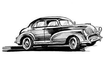 Vintage American automobile. Ink black and white drawing