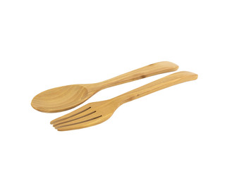 Natural product. Wooden spoons and forks On isolated white background. with clipping paths.
