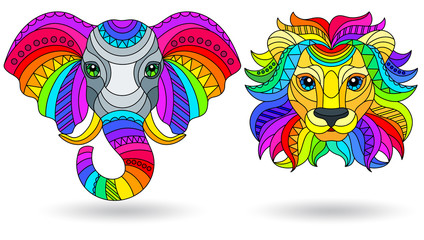 Set of illustrations in the style of stained glass with the heads of a lion and an elephant, isolated on a white background