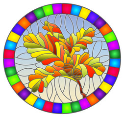 The illustration in stained glass style painting with a branch of autumn oak leaves and acorns on a blue background, oval image in bright frame