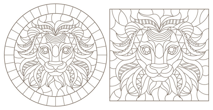 Set of contour illustrations of stained glass Windows with lion heads, on a white background
