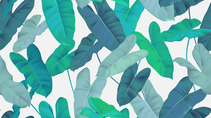 Foliage seamless pattern, blue and green Philodendron burle marx plant on light grey © momosama