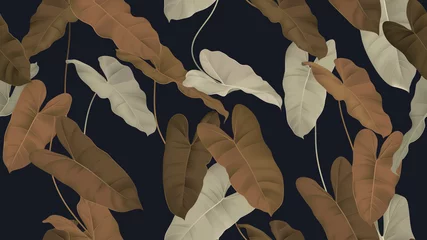 Poster Foliage seamless pattern, brown Philodendron burle marx plant on dark blue © momosama