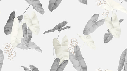 Foliage seamless pattern, grey Philodendron burle marx plant on light grey © momosama