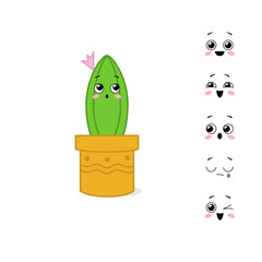 Cartoon character cactus with different variants of emotions. Personage constructor. Vector illustration