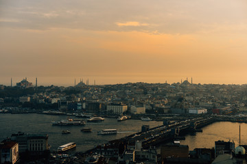 Aerial view of Istanbul at sunset. Blue Mosque and Hagia Sophia. Bosphorus Background