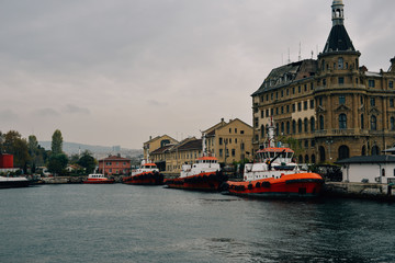 Obraz premium STANBUL, TURKEY Haydarpasha port and container terminal on the Kadikoy coast in Istanbul, Turkey. The terminal is the main trading port in the Asian part of the city. Port ships boats on the water.