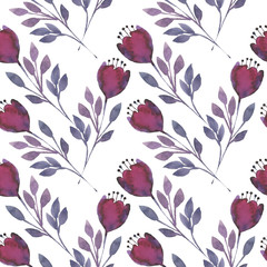 Beautiful scarlet bells. Decorative spring flowers and lilac leaves on a white background. Watercolor  seamless pattern for textile design, wallpaper, wrapping paper, fabric, bedding, curtains