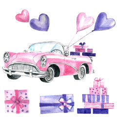 Pink watercolor retro car with hearts, balloons and gifts. Wedding, valentines, birthday, girls shopping.