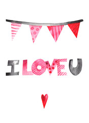 Obraz premium Postcard for Valentine's day with watercolor hand drawn on white background. Cute hand-written brush lettering. 14 february post card, Greeting Card to Day of Saint Valentine.