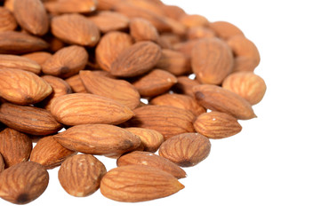 Tasty almonds nuts isolated on white background