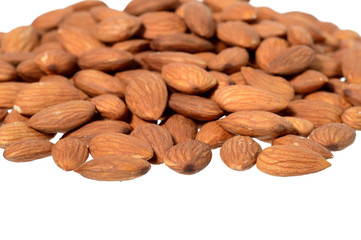 Tasty almonds nuts isolated on white background