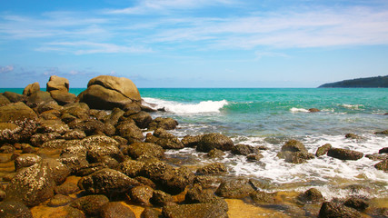 Tropical beach, boulders on the beach, Karon beach, Phuket, Thailand