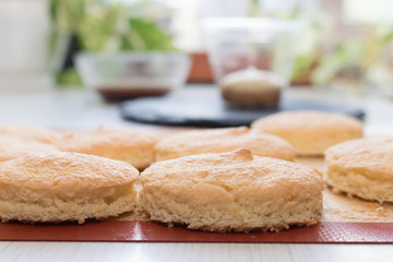Tiramisu cookies lie on the background of ready-made cakes