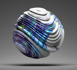 3d render of abstract 3d ball in organic curve wavy round bio form in glossy ceramic material painted in acrylic in purple blue green and white color with white concrete rough parts on grey background