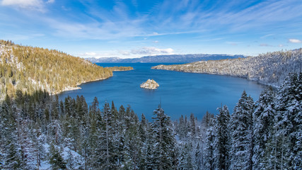 The Lake Tahoe in Nevada and California, panorama of the Emerald Bay in winter