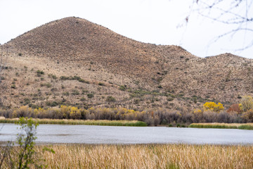 Patagonia Lake in Patagonia AZ with willow trees and dry chaparral mountain
