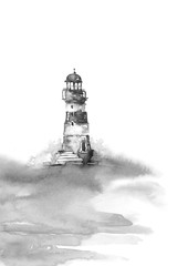 Watercolor illustration of lighthouse. sea landscape. Art illustration, greeting card. Beautiful tower. lighthouse in the ocean with great waves. Hand drawn watercolor illustration