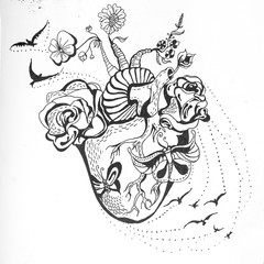 Illustration black and white ink human heart romance