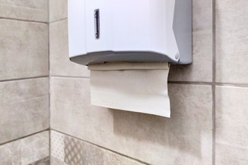Paper towel holder in the bathroom. Dispenser with paper towels. Drawer with paper napkins for hands. Personal hygiene.