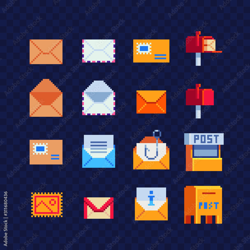 Poster post pixel art icon set, data, document, note, open and closed envelope, message and mailbox, post o