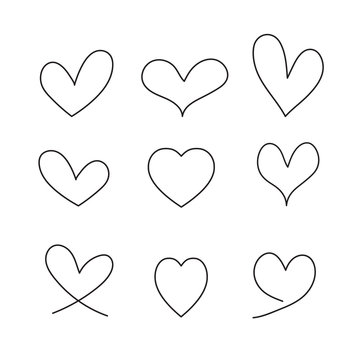 Hand drawn cute heart shape collection set in different patterns isolated on white background.Design for elements of Valentines Day, Wedding card, Postcard, Flat icon ,Love logo.Vector Illustration.