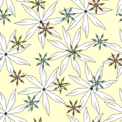 Fototapeta na wymiar Light background from contour flowers. Spring drawn floral ornament. Vintage floral texture for fabric, tile, wallpaper.