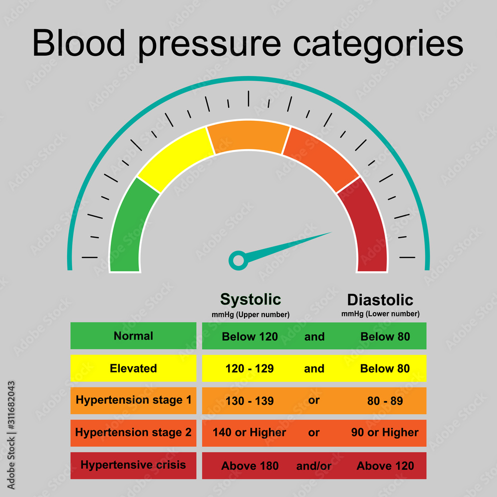 Wall mural table of blood pressure categories infographic with speedometer show hypertensive crisis isolated on