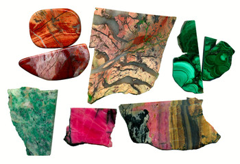 Isolated multicolored polished samples of minerals (jasper, malachite,rhodonite, amazonite). From Russia Ural.