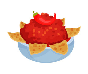 Nachos Served in Deep Bowl With Tomato Spicy Sauce Vector Illustration
