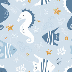 Seamless pattern with sea horses, fish.