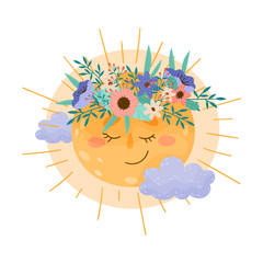 Cartoon Hot Sleeping Sun with Flower Wreath on His Head Vector Illustration