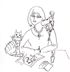 hand drawing girl with a doll, cat and pattern