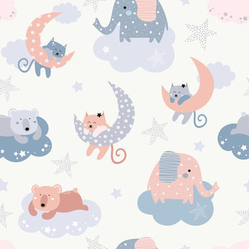 Cute seamless pattern with cats, elephants, bears