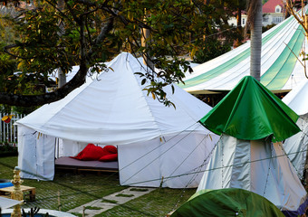 self travel with white tent, outdoor camp at Da Lat city, Vietnam