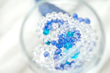 Wedding blue decor with crystals. Copy space. Soft focus
