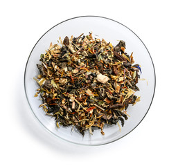 Green tea with aromatic additives. Top view on white background