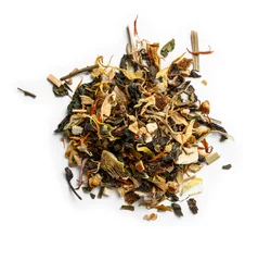 Fototapete Teesortiment Grüner Tee mit aromatischen Zusätzen. Draufsicht auf weißem Hintergrund