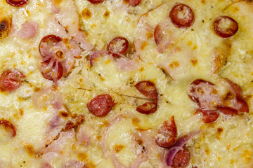 Texture of a delicious fresh pizza with sausage, red onion and cheese