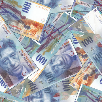 Seamless pattern. Illustration of scattered jumbled bank notes of Switzerland 100 francs 2010
