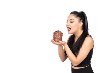  girl eating cake on white background