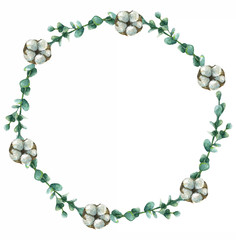  Watercolor wreath of eucalyptus and cotton.