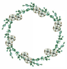  Watercolor wreath of eucalyptus and cotton.