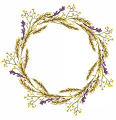 Watercolor wreath. From ears of wheat, lavender and gypsophila. Postcard, invitation.