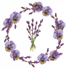Watercolor wreath of lavender flowers and violet pansies. In the center is a bouquet of dried...