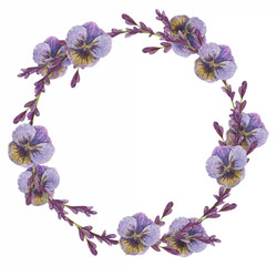  Watercolor wreath of lavender flowers and violet pansies.