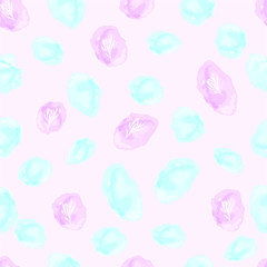 watercolor spots seamless pattern in pink and blue with hand drawing style branch of leaves in white color / fabric pattern/ wallpaper design   