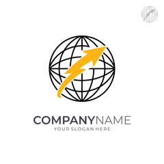 Globe And Arrow Thunder Logo Template. Worldwide Shipping Business Logo. Logistic Company Vector Logo. Delivery Service Icon. Financial Symbol. Abstract Web Technology